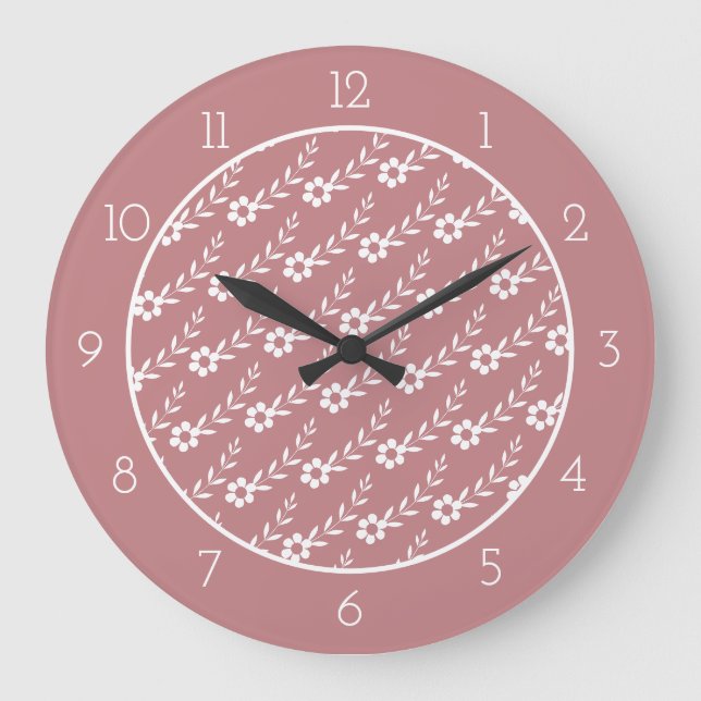 Grande Horloge Ronde Fleur blanche moderne motif rose poussiéreux bordu (Recto)