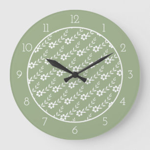 Grande Horloge Ronde Fleur blanche moderne motif sage vert bordure