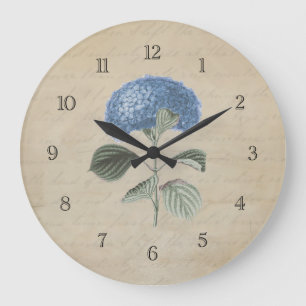 Grande Horloge Ronde Fleur bleue vintage d'hortensia