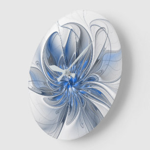 Grande Horloge Ronde Fleur d'art fractal à l'aquarelle bleue grise abst
