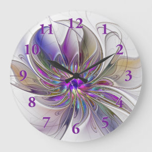 Grande Horloge Ronde Fleur d'art fractal abstrait énergique et coloré