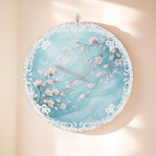 Grande Horloge Ronde Fleur de cerisier rose turquoise élégante 