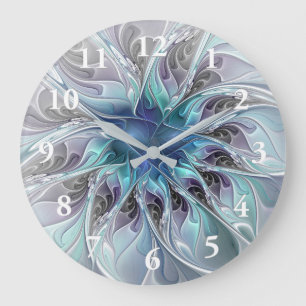 Grande Horloge Ronde Fleur de fractale moderne abstraite avec du bleu