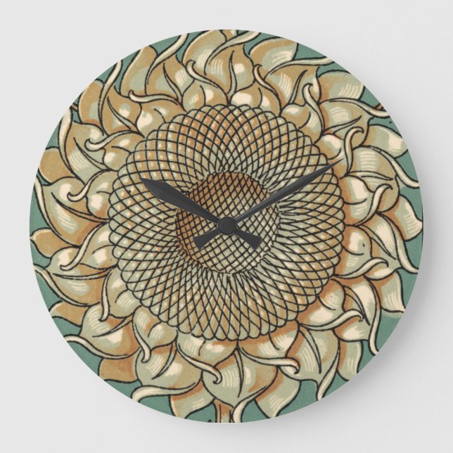 Grande Horloge Ronde Fleur de tournesol sur l'arrière - plan bleu-vert (Recto)