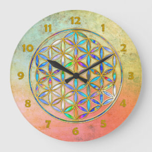 Grande Horloge Ronde Fleur de vie / Blume des Lebens - or coloré