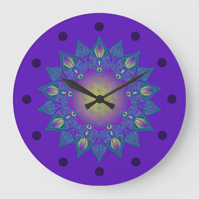 Grande Horloge Ronde Fleur De Vie - Mandala Indien 3 (Recto)