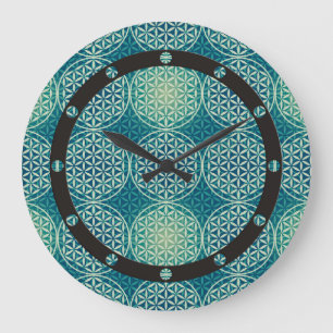 Grande Horloge Ronde Fleur de vie - motif de timbre - bleu cyan