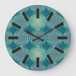 Grande Horloge Ronde Fleur de vie - motif de timbre - bleu cyan