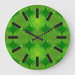 Grande Horloge Ronde Fleur de vie - motif de timbre - vert