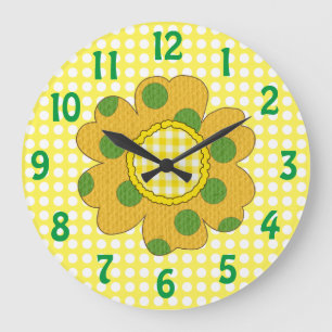 Grande Horloge Ronde Fleur émaillée jaune moutarde des années 1970