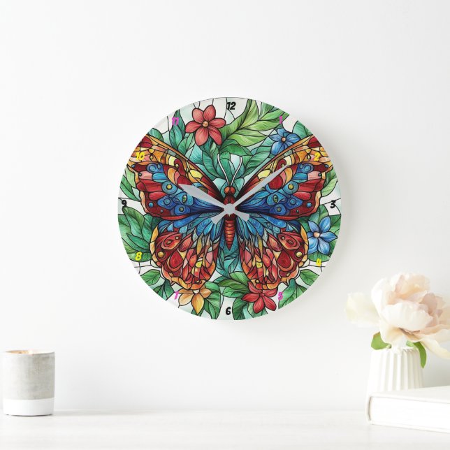 Grande Horloge Ronde Fleur enchantée" - Papillon floral (Maison)