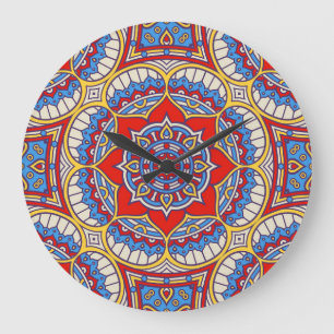 Grande Horloge Ronde Fleur ethnique, motif bohème sans soudure.