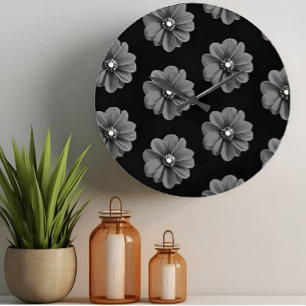 Grande Horloge Ronde "Fleur illustrée en Motif gris-noir"