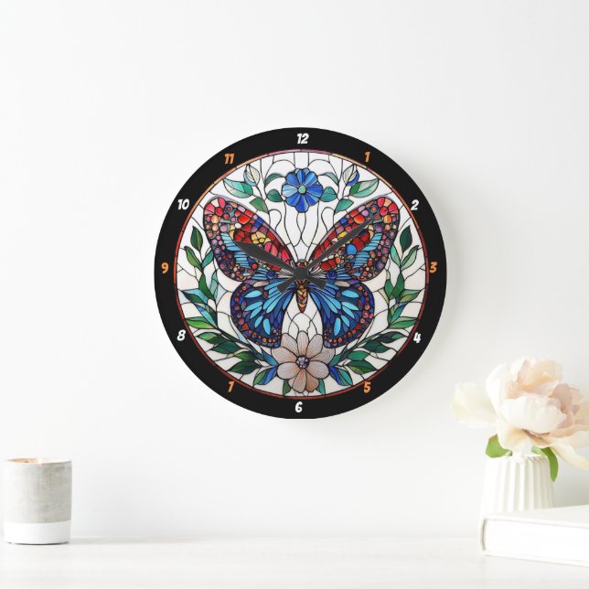 Grande Horloge Ronde Fleur intemporelle" - Papillon en verre tendu (Maison)
