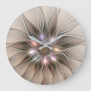 Grande Horloge Ronde Fleur joyeuse abstraite beige marron floral fracta
