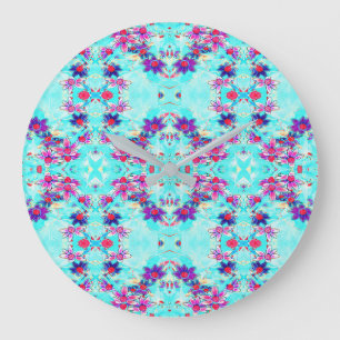 Grande Horloge Ronde Fleur mignonne violette Motif sur Aqua Blue