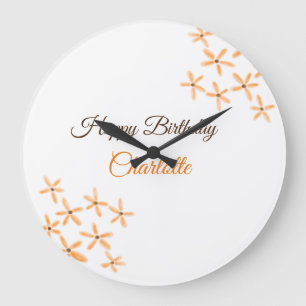 Grande Horloge Ronde Fleur orange brune heureux anniversaire ajouter no