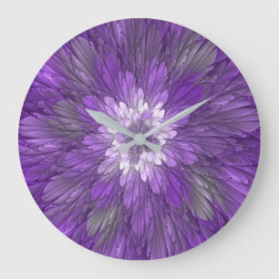 Grande Horloge Ronde Fleur psychédélique violette Abstraite Fractal Art