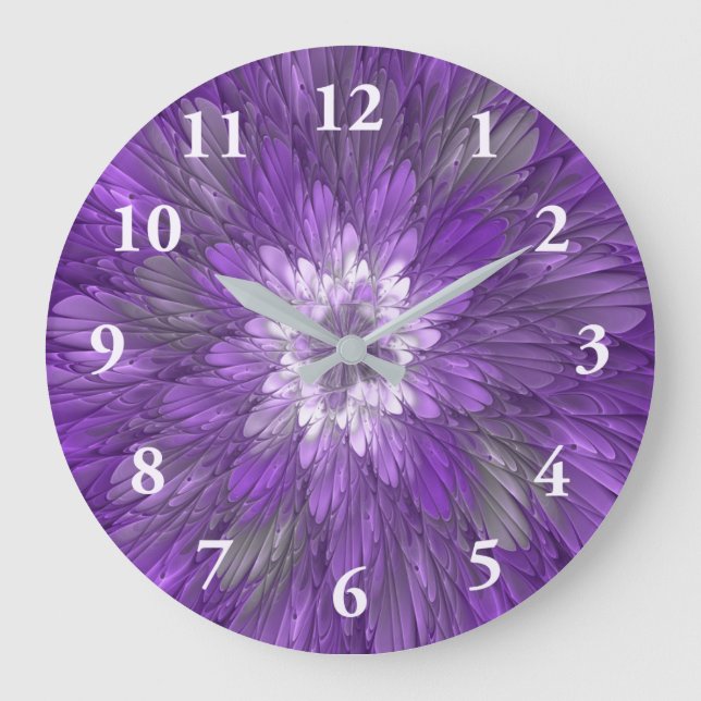 Grande Horloge Ronde Fleur psychédélique violette Abstraite Fractal Art (Recto)