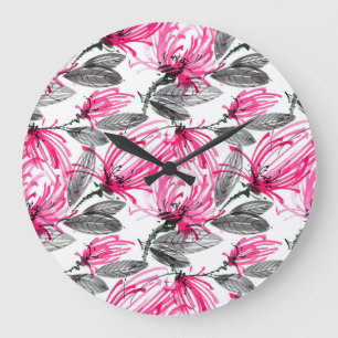 Grande Horloge Ronde Fleur rouge orientale : Motif d'aquarelle.