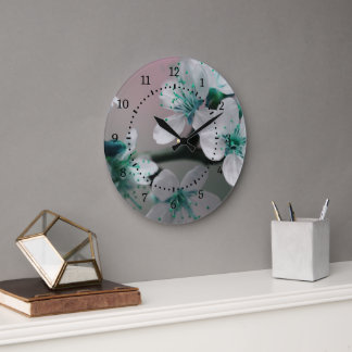 Grande Horloge Ronde Fleur Turquoise rustique contemporaine