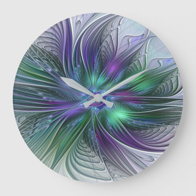 Grande Horloge Ronde Fleur vert violet Art Abstrait moderne Fractal (Recto)