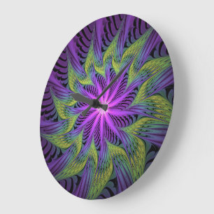 Grande Horloge Ronde Fleur verte violette Art abstrait fractal moderne