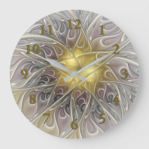 Grande Horloge Ronde Fleurir avec la fleur Abstraite fractée Gold Mode