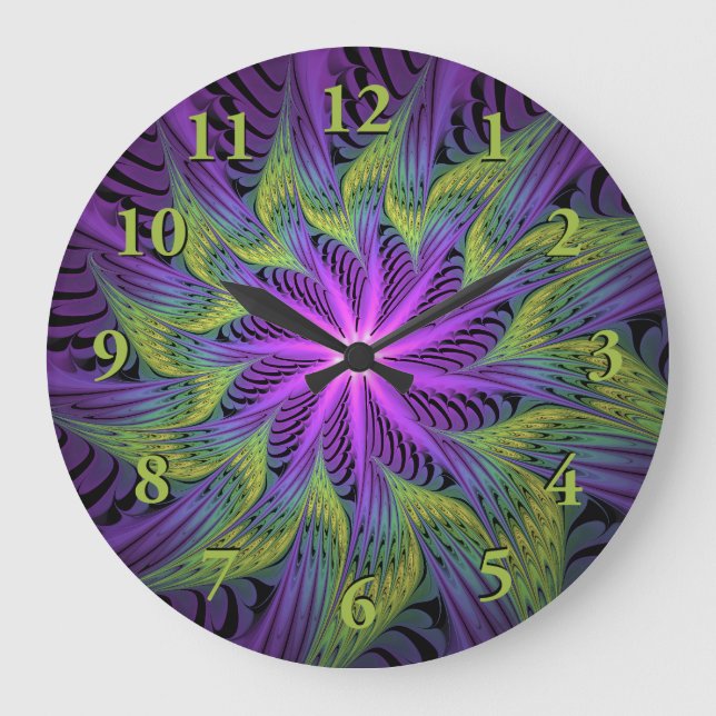 Grande Horloge Ronde Fleuron vert violet Art Abstrait fractal moderne (Recto)