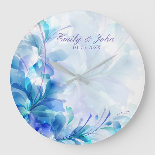 Grande Horloge Ronde Fleurs Abstraites Bleues Et Violettes - Enregistre (Recto)