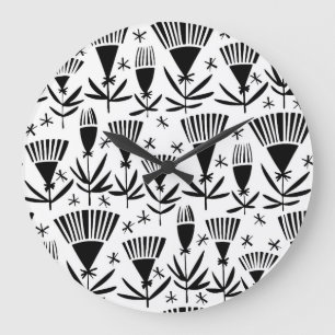 Grande Horloge Ronde Fleurs Abstraites en noir blanc : Motif élégant