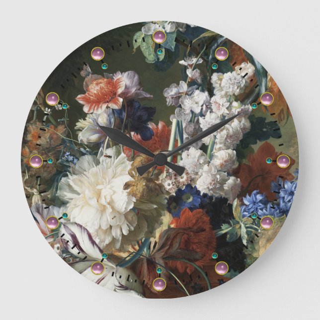 GRANDE HORLOGE RONDE FLEURS ANTIQUES, ANÉMONES ROUGES ROSE ET FLEURS BL (Recto)