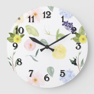 Grande Horloge Ronde Fleurs aquarelles florales jaune rose