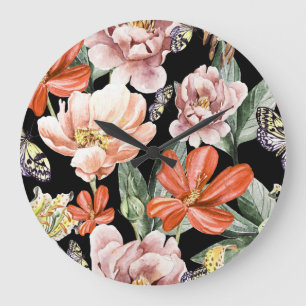 Grande Horloge Ronde Fleurs aquarelles : Peony Rose Lily