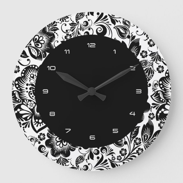 Grande Horloge Ronde Fleurs baroques noir et blanc Motif (Recto)
