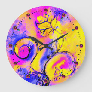 Grande Horloge Ronde FLEURS BLANCHES bleu rose