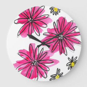 Grande Horloge Ronde Fleurs blanches et roses