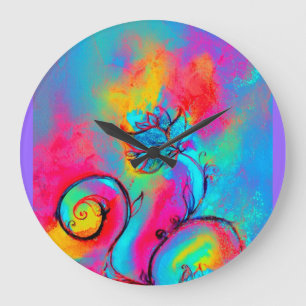Grande Horloge Ronde FLEURS BLANCHES rose jaune turquoise bleu