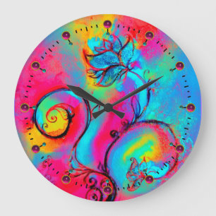 Grande Horloge Ronde FLEURS BLANCHES rose jaune turquoise bleu