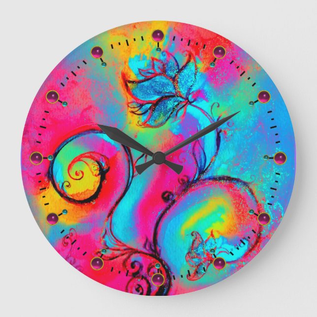 Grande Horloge Ronde FLEURS BLANCHES rose jaune turquoise bleu (Recto)
