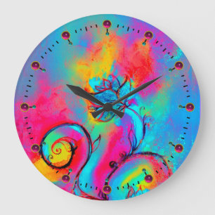 Grande Horloge Ronde FLEURS BLANCHES rose jaune turquoise bleu
