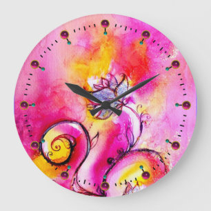 Grande Horloge Ronde FLEURS BLANCHES rose jaune turquoise bleu