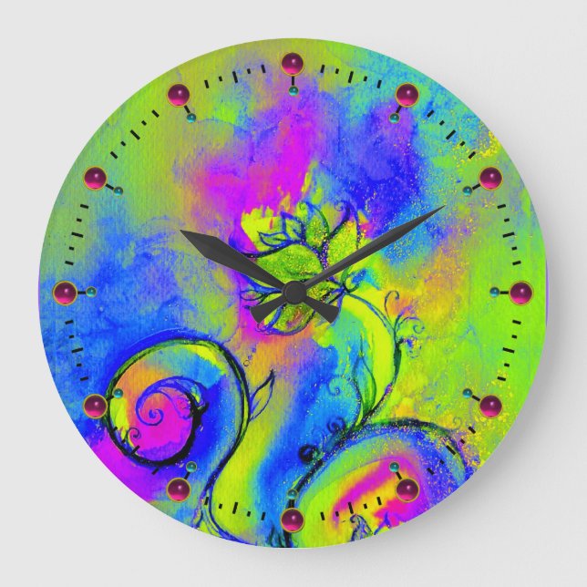 Grande Horloge Ronde FLEURS BLANCHES rose jaune vert bleu (Recto)