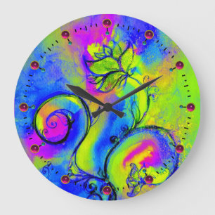 Grande Horloge Ronde FLEURS BLANCHES rose jaune vert bleu