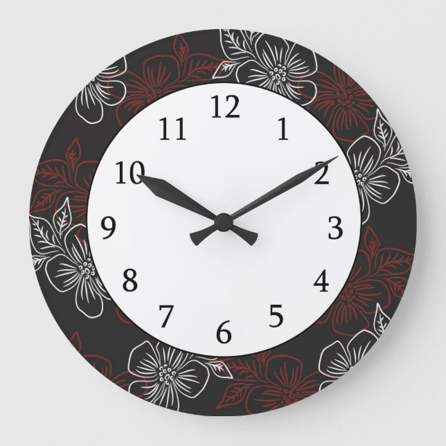 Grande Horloge Ronde Fleurs blanches rouges Motifs élégantes sur noir (Recto)