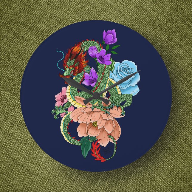 Grande Horloge Ronde Fleurs bleues chinoises de la marine Dragon (Créateur téléchargé)