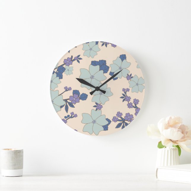 Grande Horloge Ronde Fleurs Bleues, Fleurs Violettes, Motif Floral (Maison)