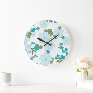 Grande Horloge Ronde Fleurs Bleues, Motif Floral, Motif De Fleurs
