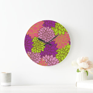 Grande Horloge Ronde Fleurs Dahlia, Fleurs Colorées, Motif Floral