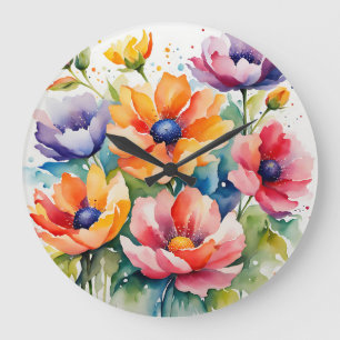 Grande Horloge Ronde Fleurs d'aquarelle en fleurs